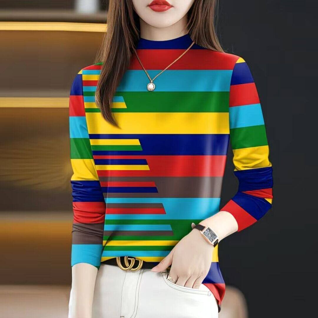 印花捡漏~高档时尚女装2026春季新款减龄长袖半高领T恤女上衣潮