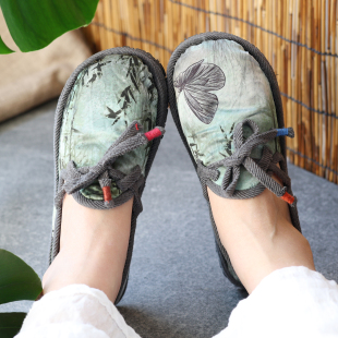 女士布鞋女款透气布鞋夏款圆头布鞋春夏花卉图案系带国风休闲布鞋