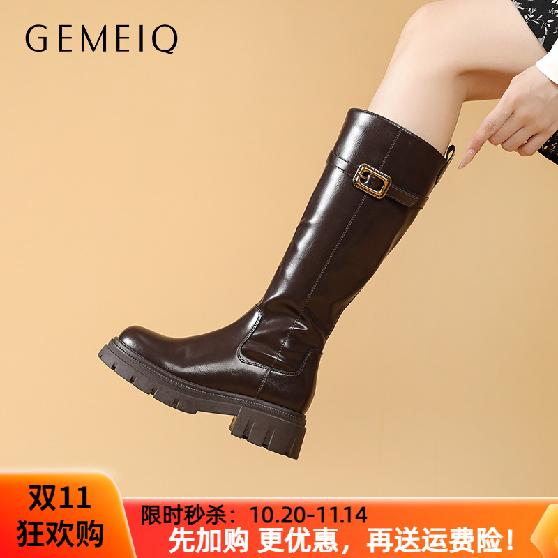 戈美其冬季时尚粗跟厚底增高女鞋骑士靴搭扣侧拉链百搭舒适鞋女靴