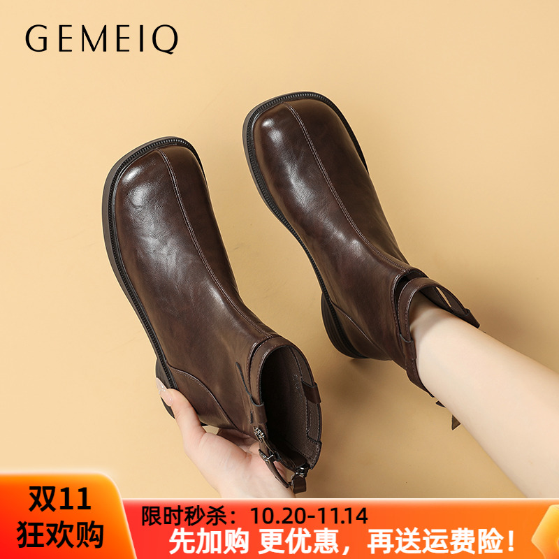 芒果头戈美其冬季粗跟短靴后拉链女鞋简约皮带扣时装靴子潮鞋女