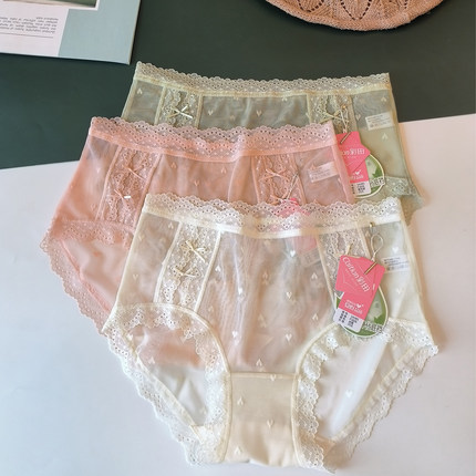彩田新款蕾丝女内裤中腰超薄镂空性感提花网纱7A抗菌裆女士三角裤