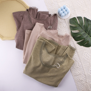 秋新品5673圆领蕾丝螺纹棉百搭打底衫女加绒保暖修身上衣长袖秋衣