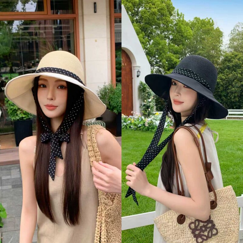 法式波点蝴蝶结渔夫帽女夏大帽檐遮阳帽防晒草帽沙滩度假太阳帽子