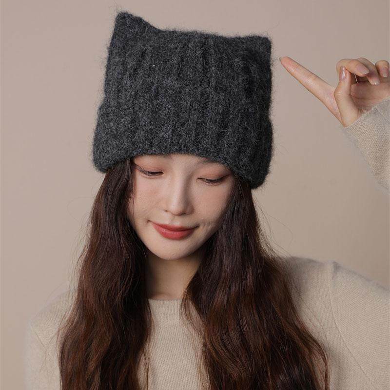 新款猫耳朵毛线帽韩版休闲针织帽女百搭可爱出游冷帽套头帽