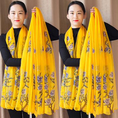 网红长款黄色丝巾女士时尚高档沙滩纱巾秋冬百搭披肩洋气妈妈围巾
