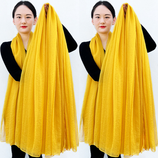 柠檬黄亮黄色纱巾广场舞丝巾舞蹈女士护颈围巾春夏旅游防晒沙滩巾