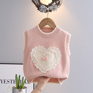 女童针织桃心背心外穿洋气中小童秋装时髦2024新款儿童毛衣马甲潮