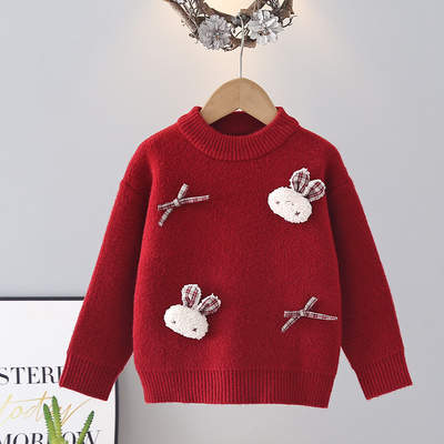 女童毛冬季衣针织衫2025新款儿童红色韩国绒女宝宝秋冬季打底上衣
