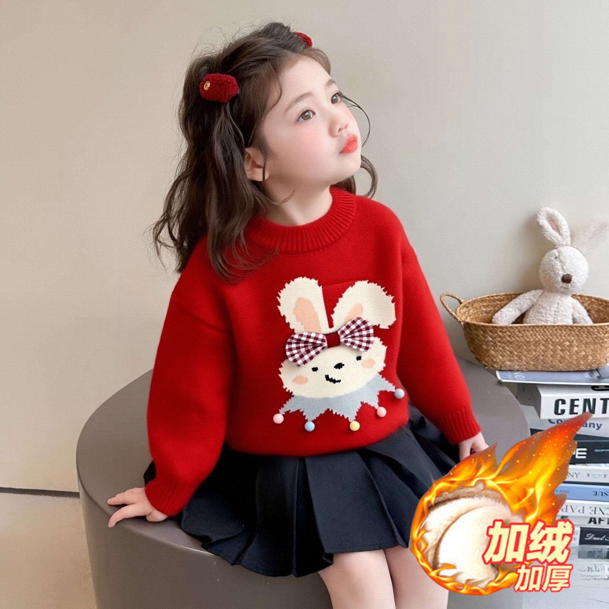 女童毛衣红色过年衣服秋冬2025新款童装宝宝加绒加厚儿童针织上衣,童装/婴儿装/亲子装,毛衣/针织衫,淘宝优惠券,粉丝福利购,淘宝优惠卷