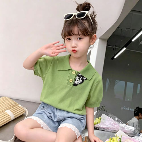 童装女童针织衫夏季新品儿童轻复古撞色透气针织短袖POLO衫T恤潮
