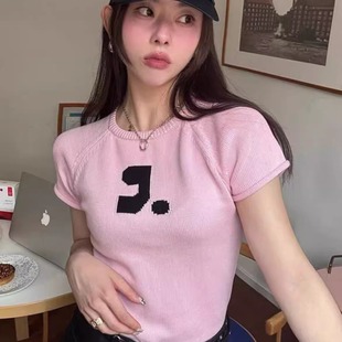 新款 甜酷风字母刺绣针织衫 FULLMOOD2025夏季 RR韩版 短款 女t恤短袖