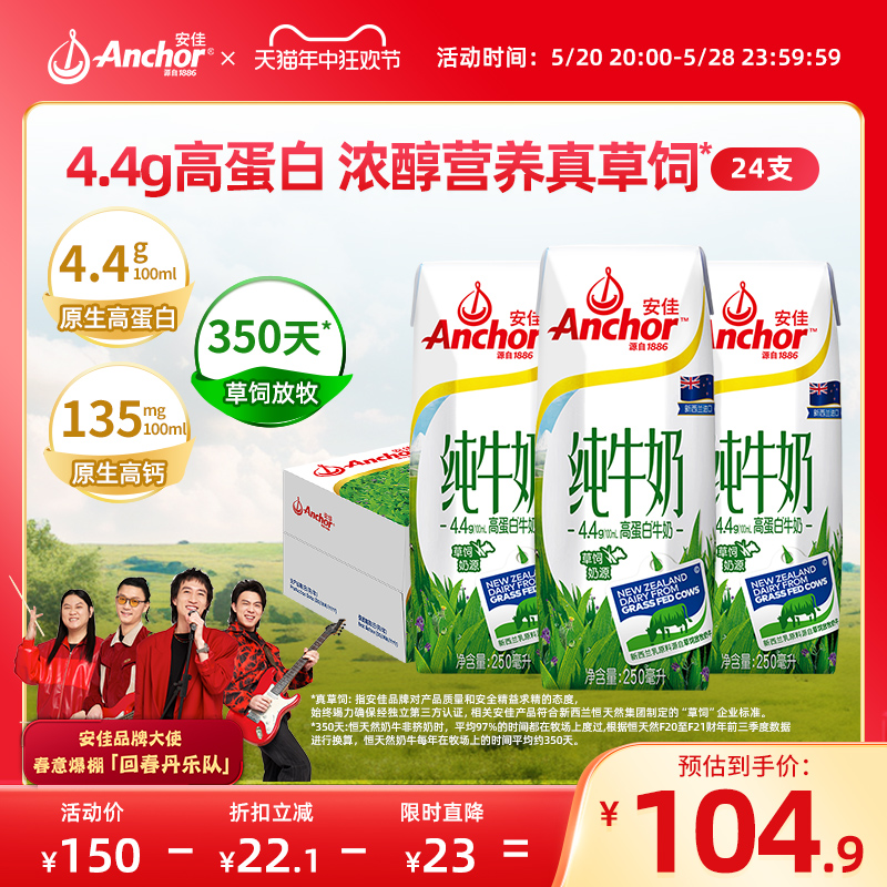 anchor新西兰进口安佳4.4g高蛋白高钙纯牛奶学生早餐奶250ml*24盒-封面