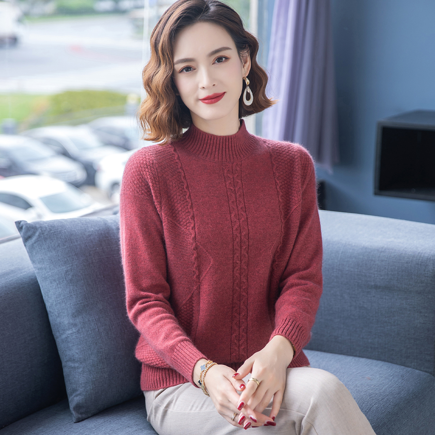 100%纯山羊绒衫女士加厚妈妈毛衣