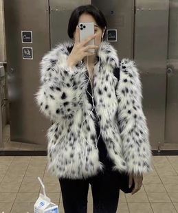 猫纹仿狐狸毛皮草外套黑白斑点豹纹翻领宽松毛毛外套女年轻款