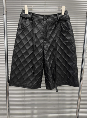 2025年秋冬新款黑色菱格皮裤女气质百搭休闲老钱风直筒五分中裤