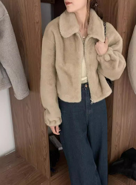 翻领皮毛一体仿皮草外套女短款2024秋冬新款毛绒宽松短款夹克上衣