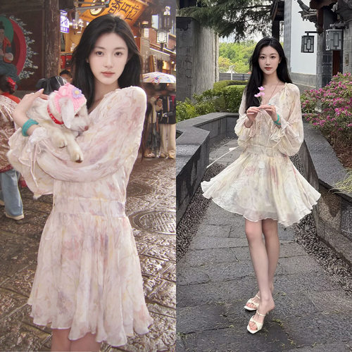 徐如蓝款时尚减龄淑女温柔风收腰修身超仙碎花雪纺连衣裙