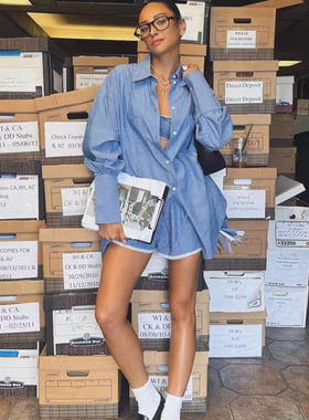 Helsa条纹套装elsa hosk同款法式小众休闲慵懒衬衫吊带短裤套装女