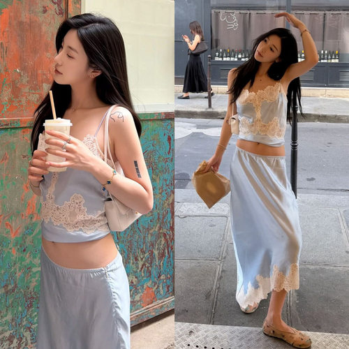 nana款缎面蕾丝花边拼接吊带上衣+半身裙时尚休闲套装女