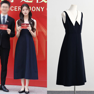 [现货]冯琳同款法式赫本风藏青色撞白V领无袖背心修身连衣裙女夏