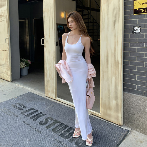 2025春夏新款设计镂空露背吊带裙白色连衣裙a字长裙女带胸垫