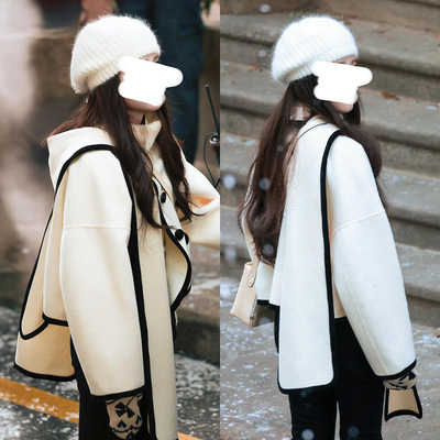 卢昱晓同款秋冬装白色羊毛混纺黑边围巾款时尚毛呢外套女