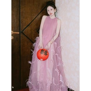 新中式晨袍新娘女结婚敬酒服订婚礼服高级奢华羽毛光泽睡袍连衣裙