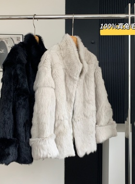 温柔气质兔 秋冬100%真兔毛皮草加厚翻袖皮毛一体中长外套