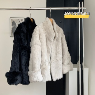 温柔气质兔 皮毛一体中长外套 秋冬100%真兔毛皮草加厚翻袖