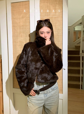 EE9-艺进口光泽短款立领翻领真毛保暖皮草外套（含100兔毛）K2669
