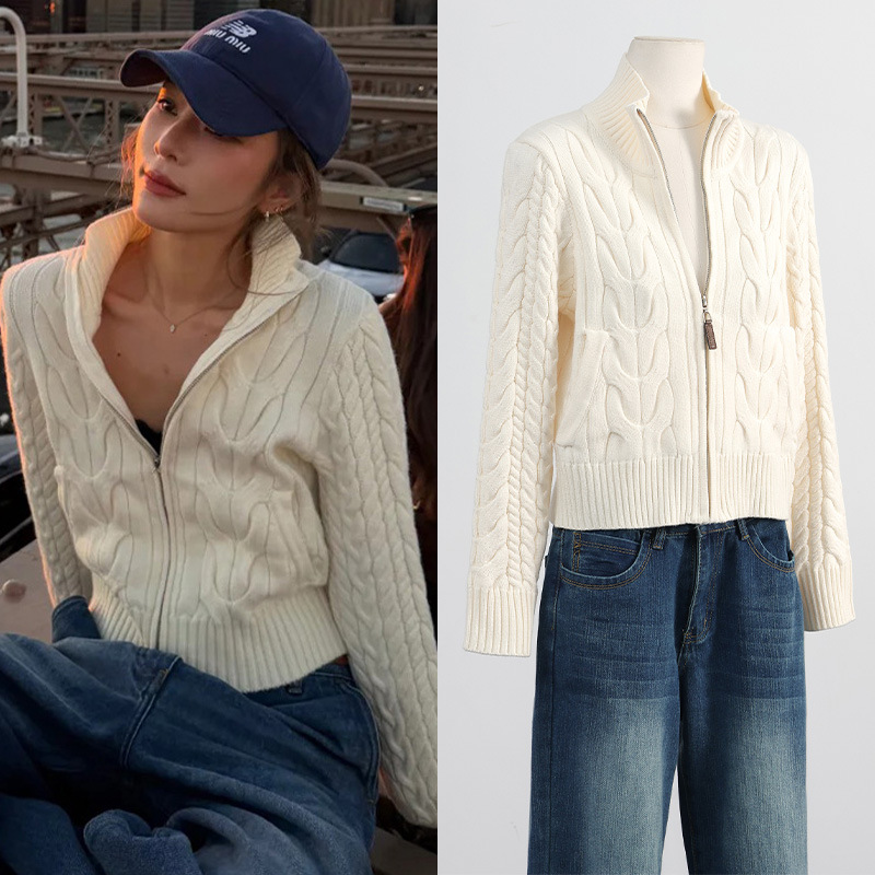 [现货]nana同款时尚气质半高领别致机织麻花短款针织毛衣外套女秋