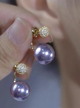 气质微镶前后戴紫色珍珠耳环女耳钉高级感2024新款爆款女人味耳饰
