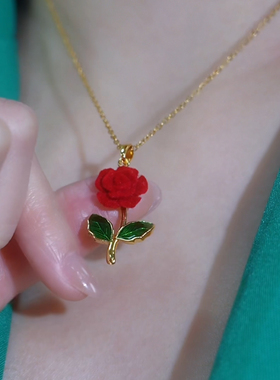 红色植绒玫瑰花锁骨链送礼小众
