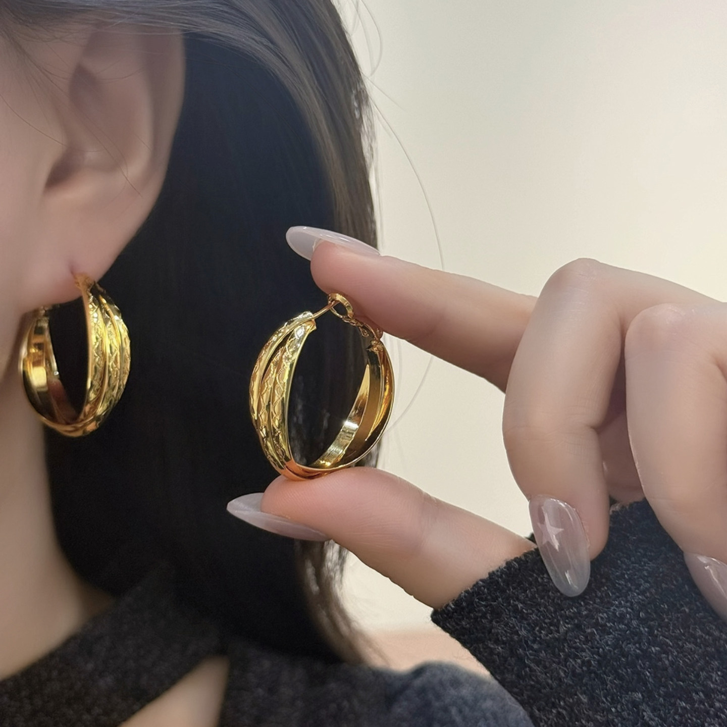 轻奢欧美金色几何多层圈圈耳环