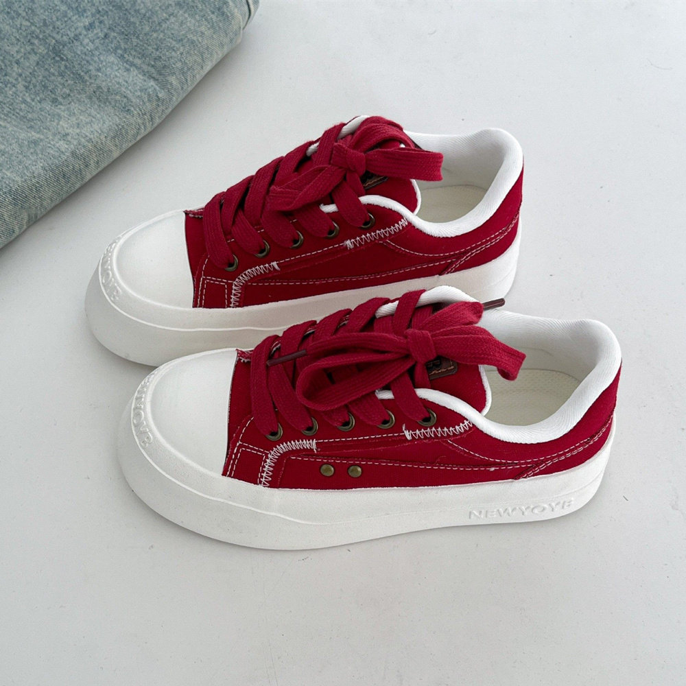 夜晚晚 红色厚底帆布鞋女款2026新款春季休闲板鞋百搭学生小白鞋,女鞋,棉鞋,淘宝优惠券,粉丝福利购,淘宝优惠卷