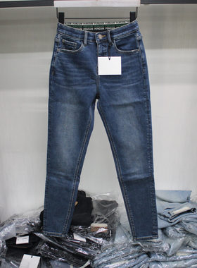 2025年冬季女装九分裤依炫韩95060-1弹力腰底抓毛小脚牛仔铅笔裤