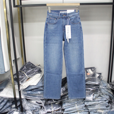 韩货馆B9320蓝色水洗高腰直筒牛仔裤2026年春女四面弹窄版直筒裤
