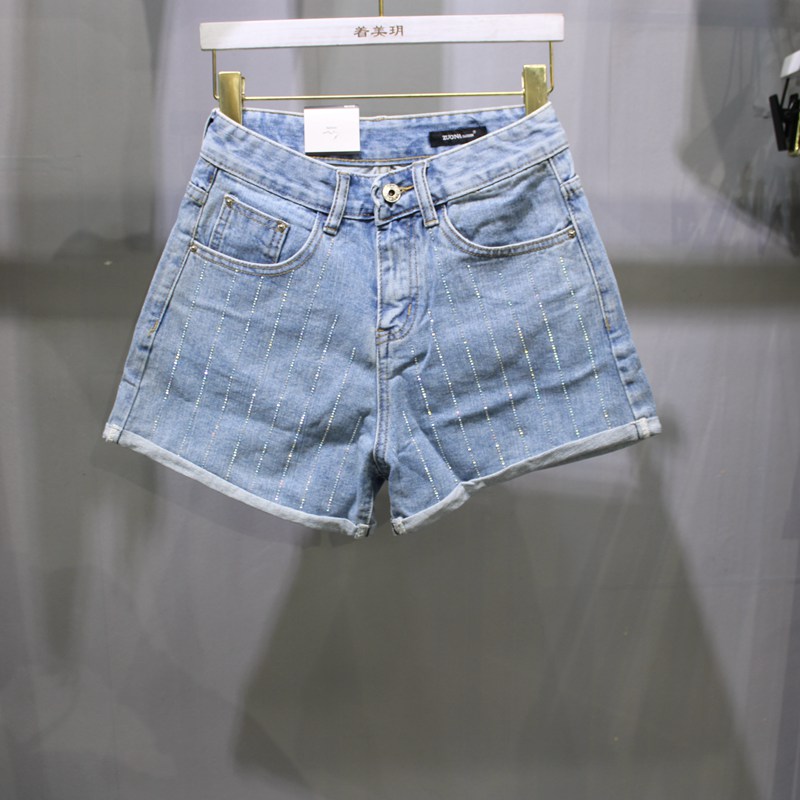 欧货馆夏季无弹女装热裤佐娜7335时尚磨白烫钻卷边修身牛仔短裤