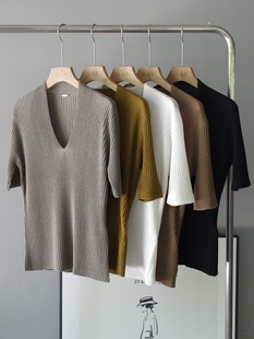 扬子纱V领褶皱中袖美丽诺羊毛针织衫修身短袖上衣打底衫女薄显瘦