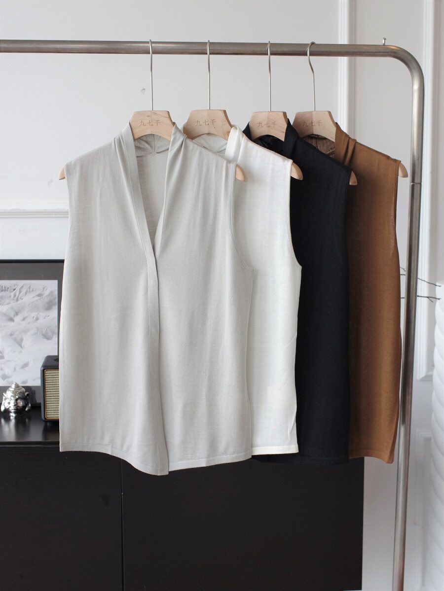 法式v领美丽诺羊毛纯色无袖针织开衫背心女内搭外穿弹力毛衣打底