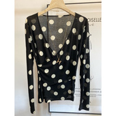 套头修身 色织天丝波点羊毛长袖 T恤女士交叉薄款 显瘦内搭印花上衣