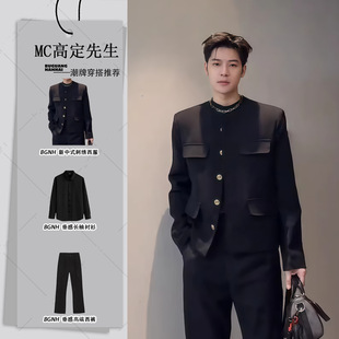 新中式黑色无领中山装夹克外套男士潮牌高级感修身短款小西服上衣