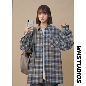 格子衬衫高级感痞帅春秋美式高街外套格纹长袖衬衣xz405-cs04-P55图片