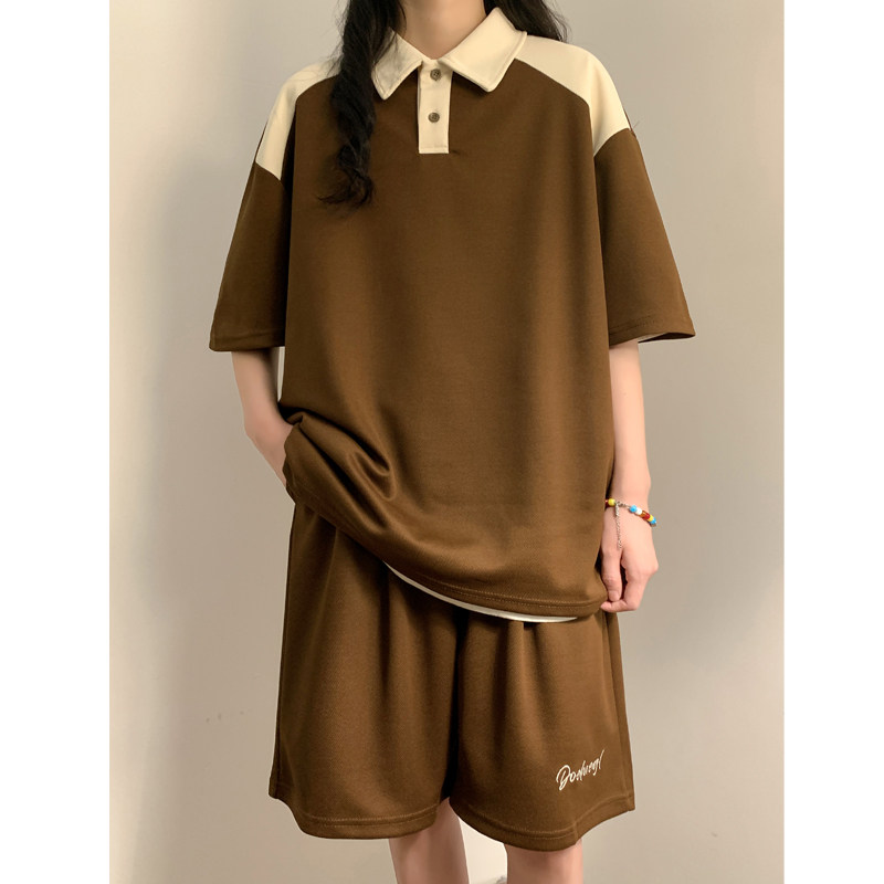 中性风夏季男女同款港风宽松POLO衫情侣短裤套装XZ405-TZ88-p55图片