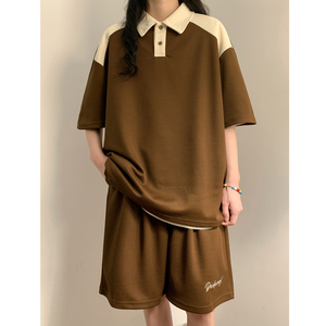 中性风夏季男女同款港风宽松POLO衫情侣短裤套装XZ405-TZ88-p55图片