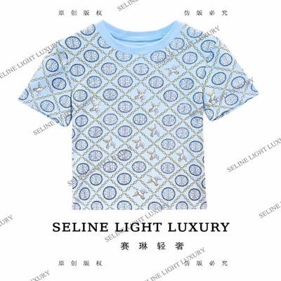 韩版设计感原创天蓝色复古气质百搭圆领短袖T恤