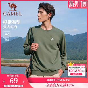 宽松薄款 骆驼圆领长袖 时尚 春秋季 休闲运动上衣女 t恤套头卫衣男士