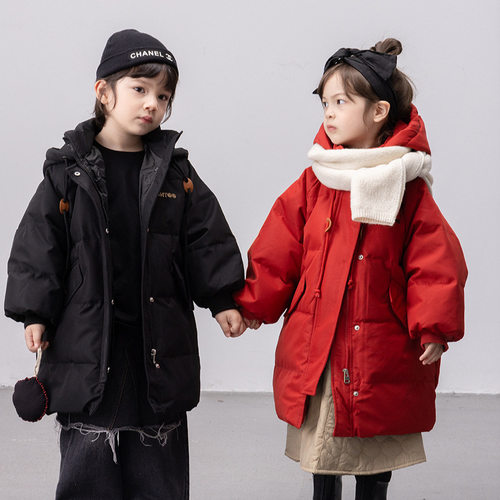 秋冬儿童防寒服中长款加厚童装羽丝绒丝外套男女童连帽上衣批发