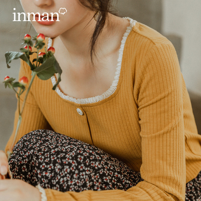茵曼长袖t恤女上衣2020年新款春秋装百搭方领打底衫洋气外穿秋衣