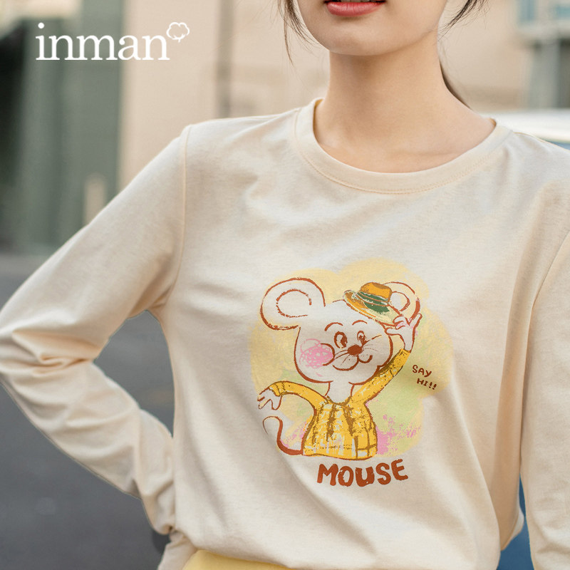 茵曼卡通印花长袖t恤女2020春秋新款学生纯棉全棉打底衫宽松上衣